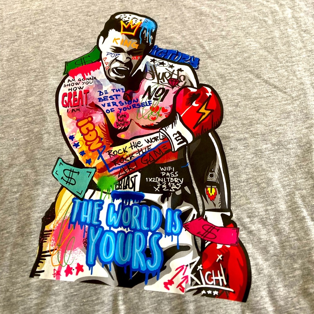 Ali The Greatest Graffiti Abstract Art Graphic Print Men’s Grey Tee NWT